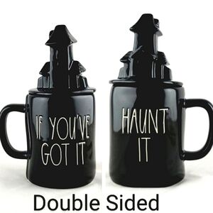 ⭐️2/ $60⭐️ Rae Dunn  Black Mug & Topper Large Letters IF YOU'VE GOT IT HAUNT IT